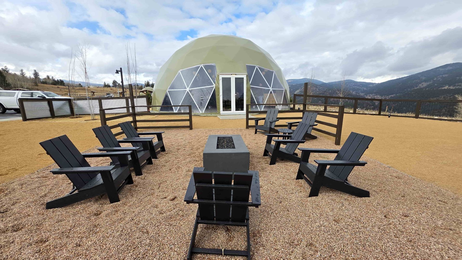 Entertainment dome with full-service bar and outdoor firepit seating area