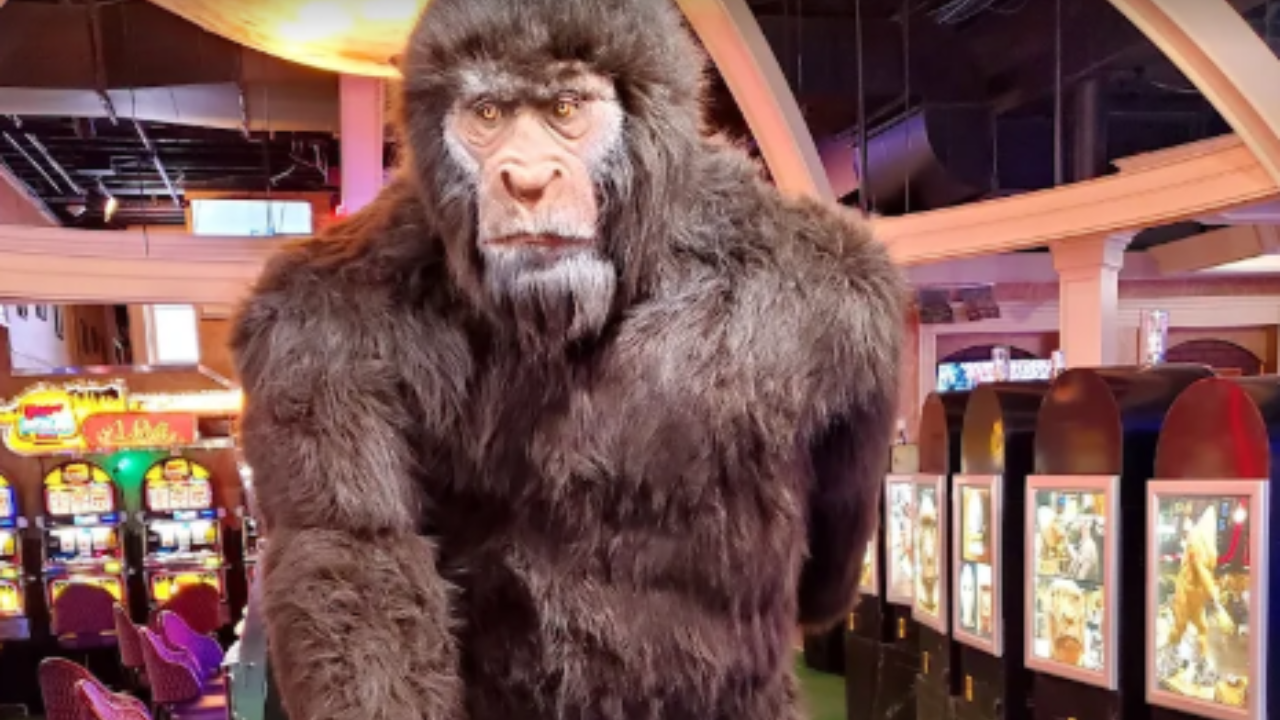 A statue of a gorilla is standing in a casino.