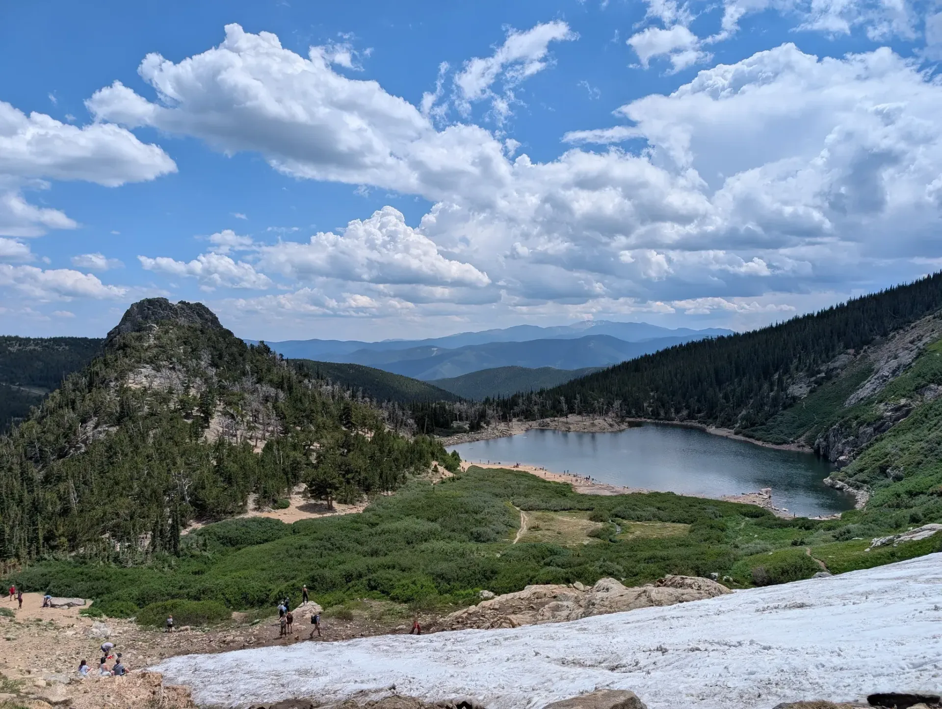 A lake in the middle of a mountain surrounded by trees and snow.