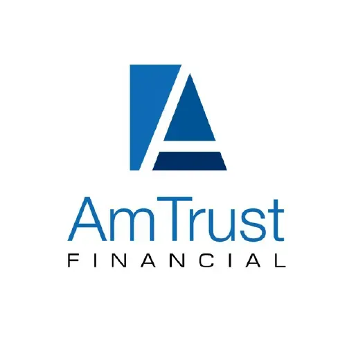 A blue and white logo for am trust financial