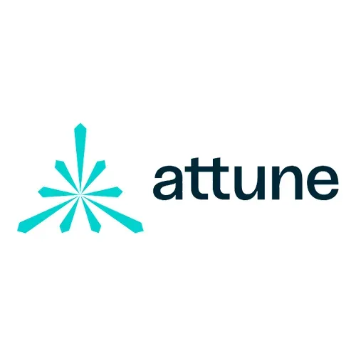 A logo for attune with a blue star on a white background.