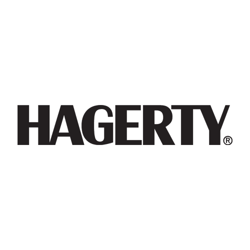 A black and white logo for hagerty on a white background.
