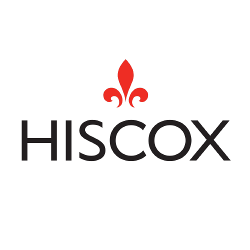 A logo for hiscox with a red fleur de lis on a white background.