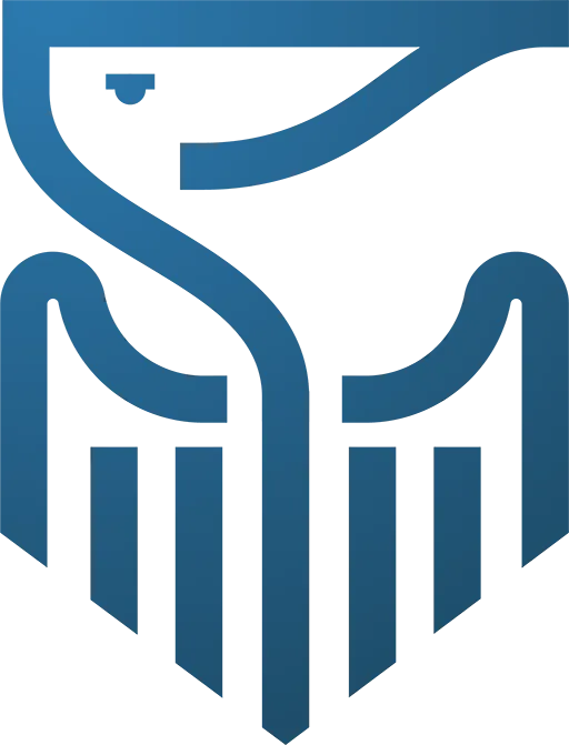 A blue logo with a bird and a shield on a white background.