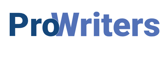 A blue and white logo for prowriters on a white background
