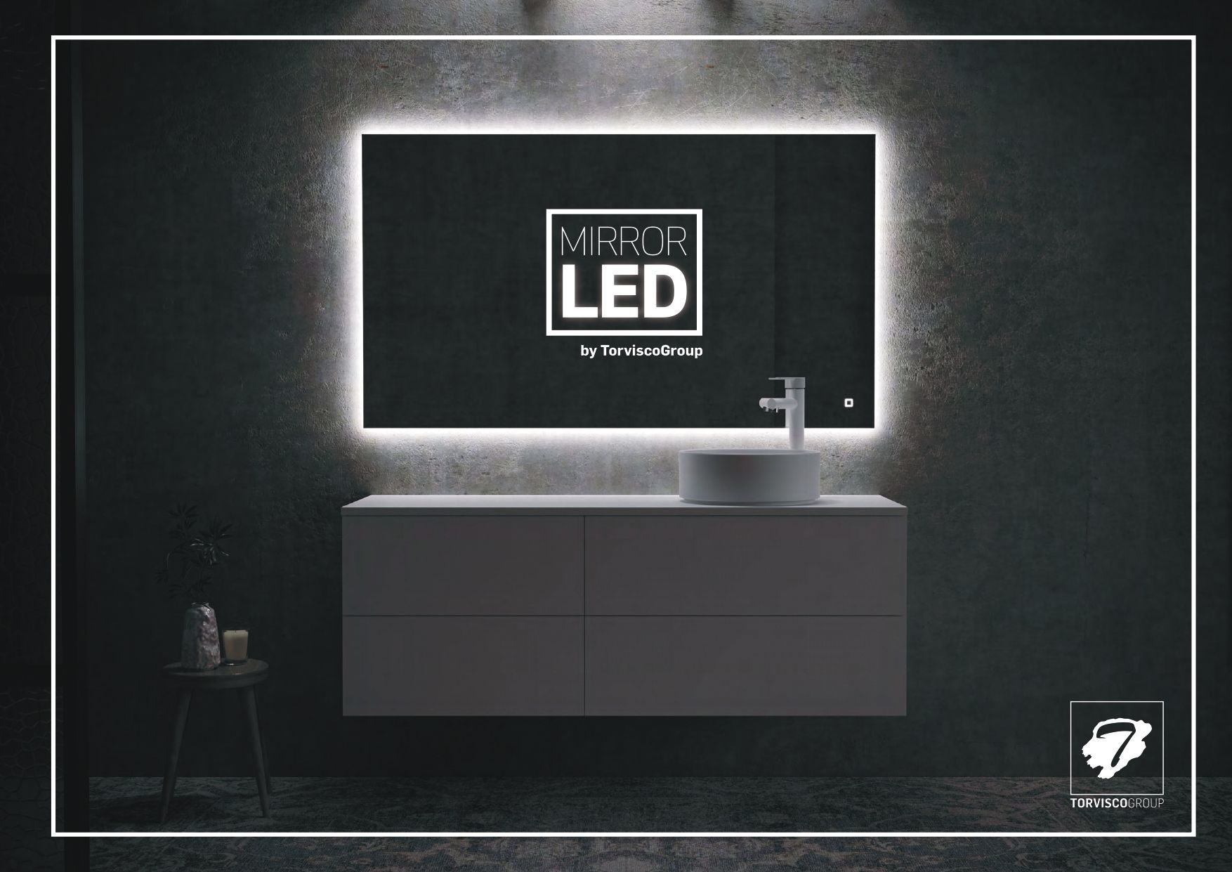 Un baño con un espejo que dice espejo led