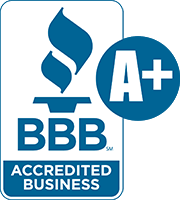 A blue and white bbb accredited business logo