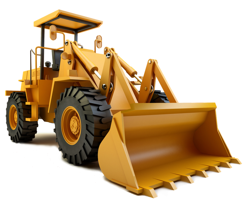 A yellow bulldozer with a large bucket on a white background
