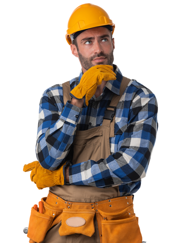 A construction worker wearing a hard hat and gloves is thinking.