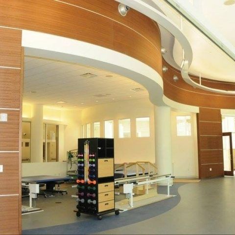 A large room with a bunch of dumbbells on a cart