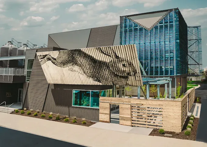 A large building with a picture of a rabbit on the side of it