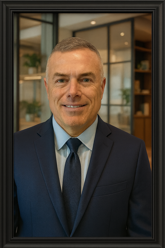 Man in a blue suit, light blue shirt, and patterned tie, smiling against a light blue background.