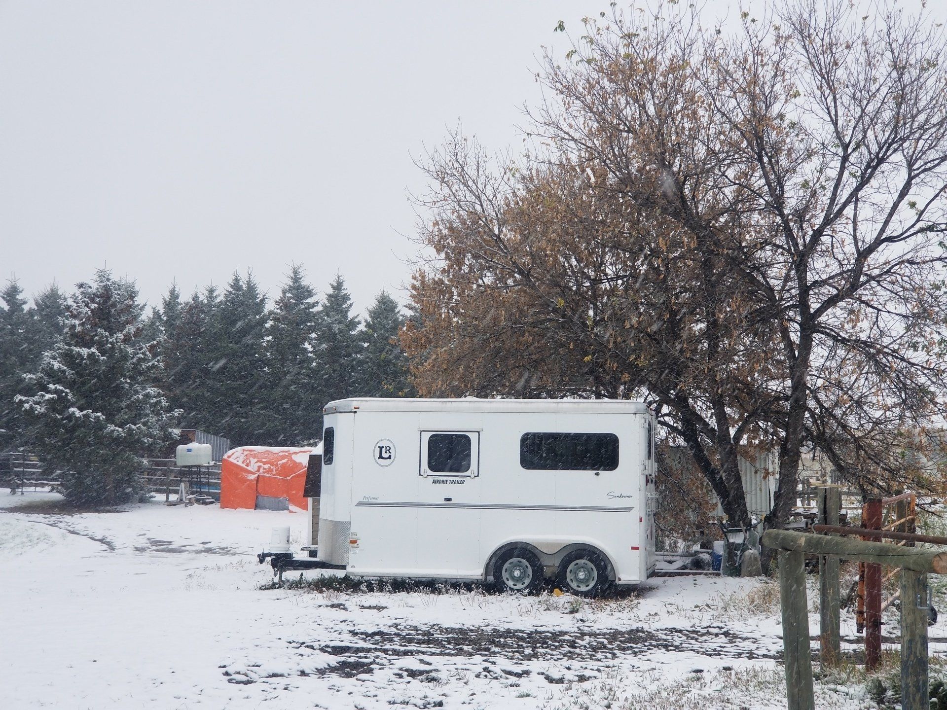 A white horse trailer is parked in a snowy field