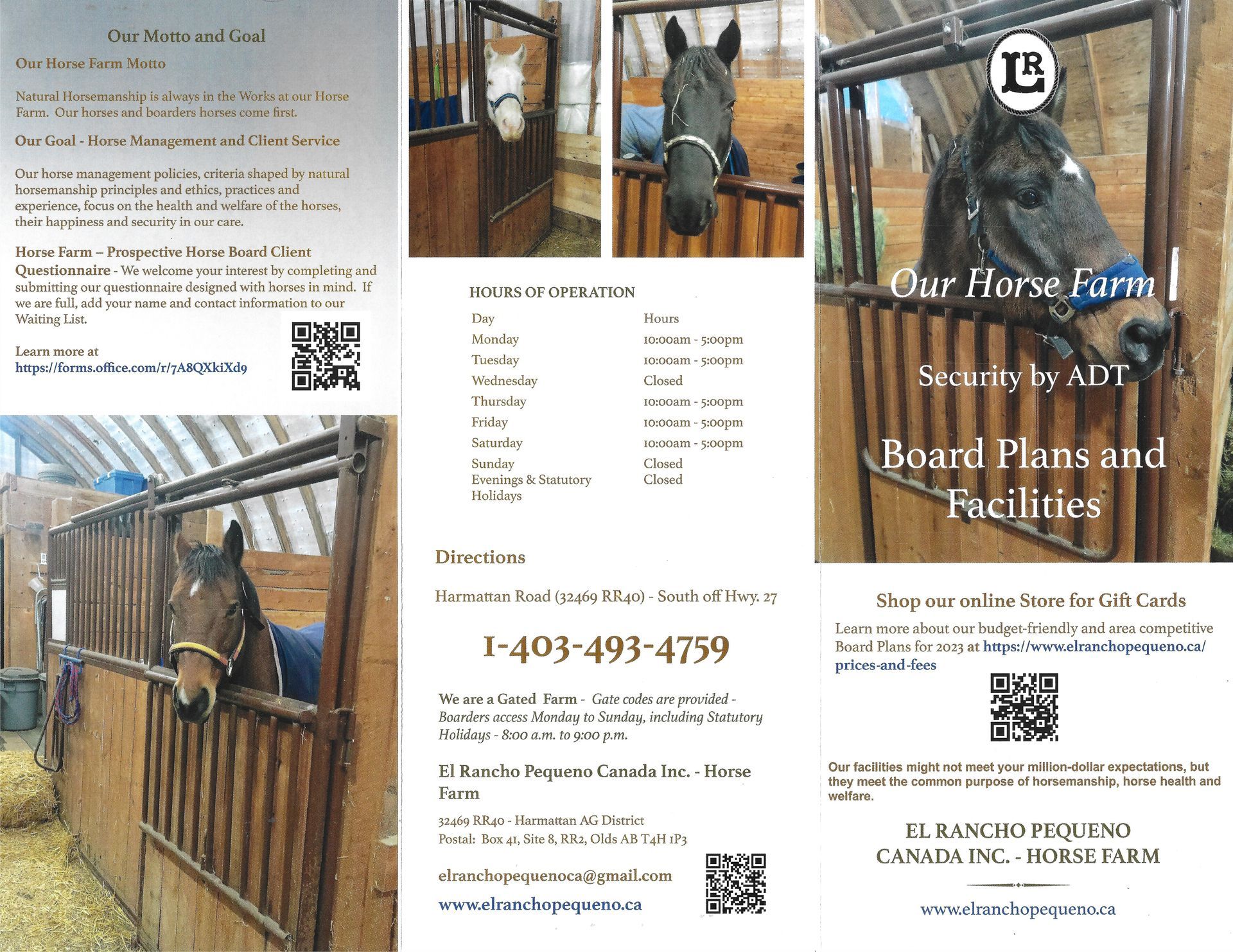 A brochure for our horse farm shows a horse in a stable