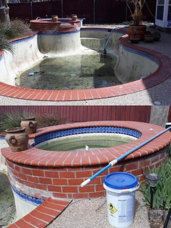 A bucket of chemicals sits next to a swimming pool