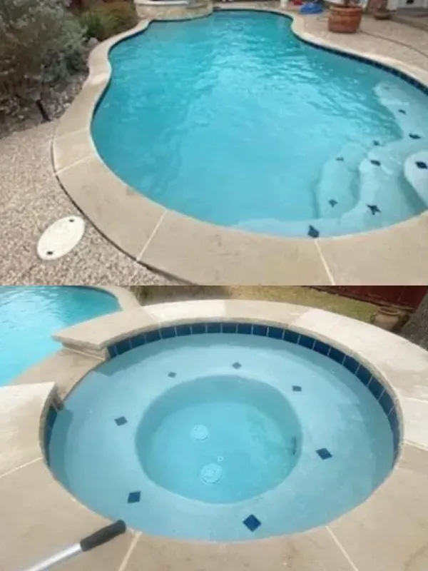 A before and after photo of a swimming pool and a hot tub