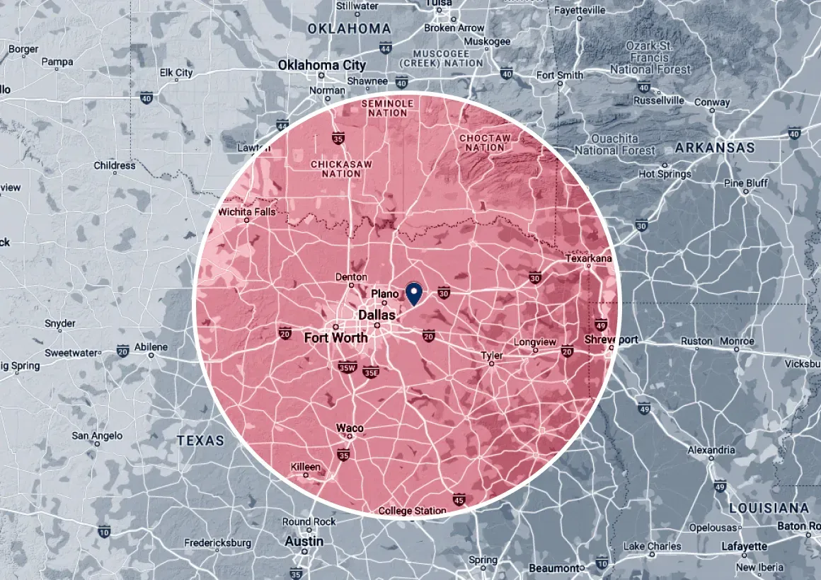 A map of oklahoma with a red circle in the middle