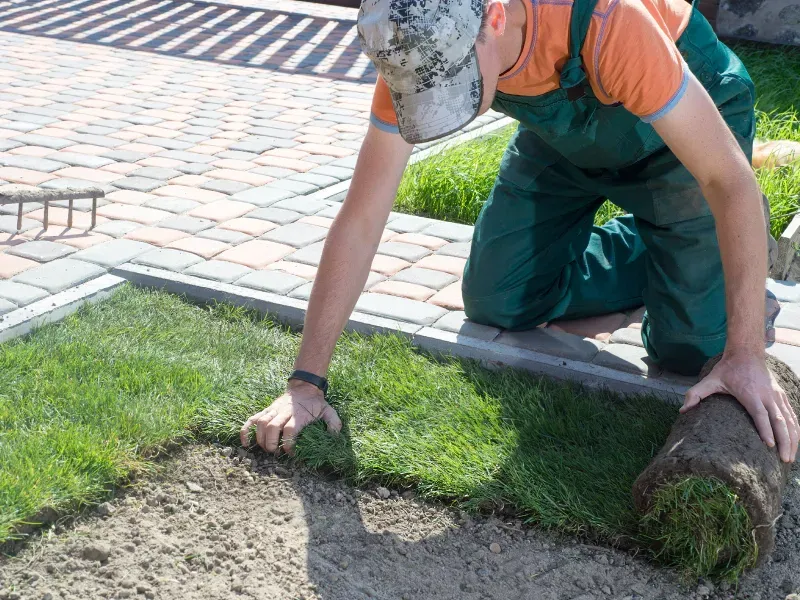 A man is kneeling down to roll out a roll of grass.