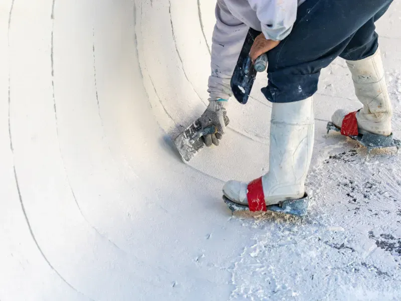 A person wearing white boots is painting a white pipe.