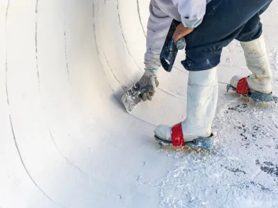 A person wearing white boots is painting a white pipe.