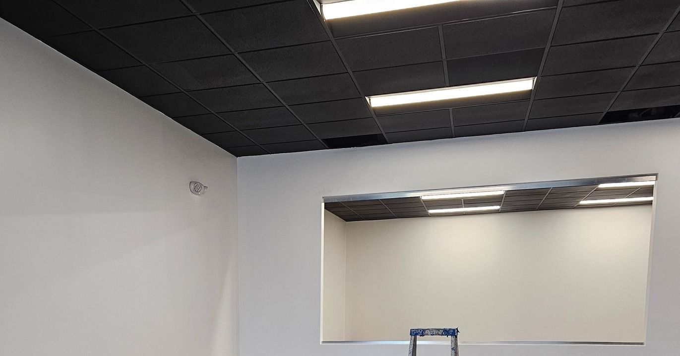 A room with a black tiled ceiling, white walls, and a rectangular opening. A room with a black tiled ceiling, white walls, and a rectangular opening.