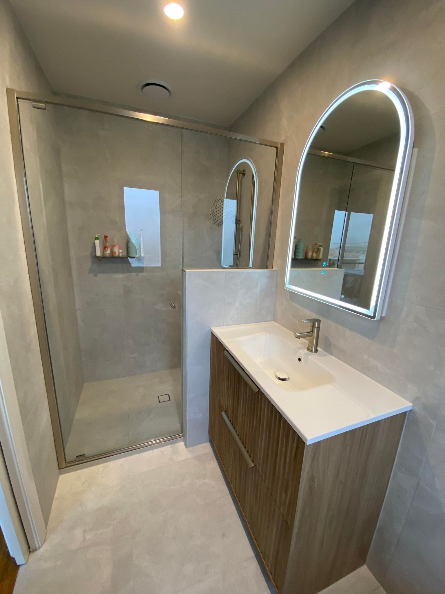 Modern Bathroom With Shower, Vanity — Rectified Edge Tiling & Bathroom Renovations in Fyshwick, ACT