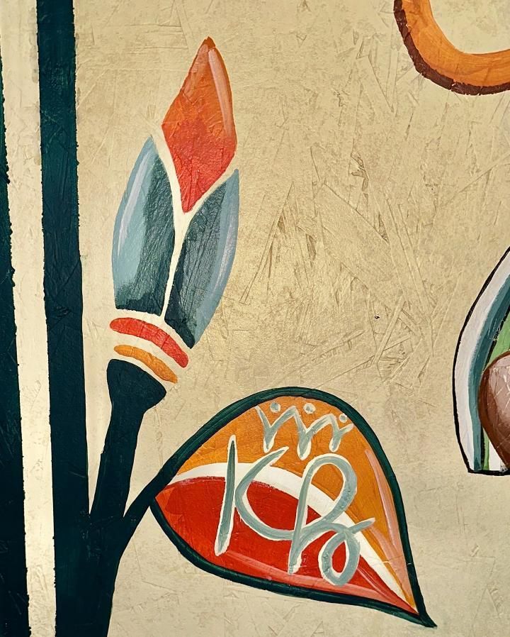 Close-up of a colorful stylized flower bud and leaf with initials and crown on a gold background.