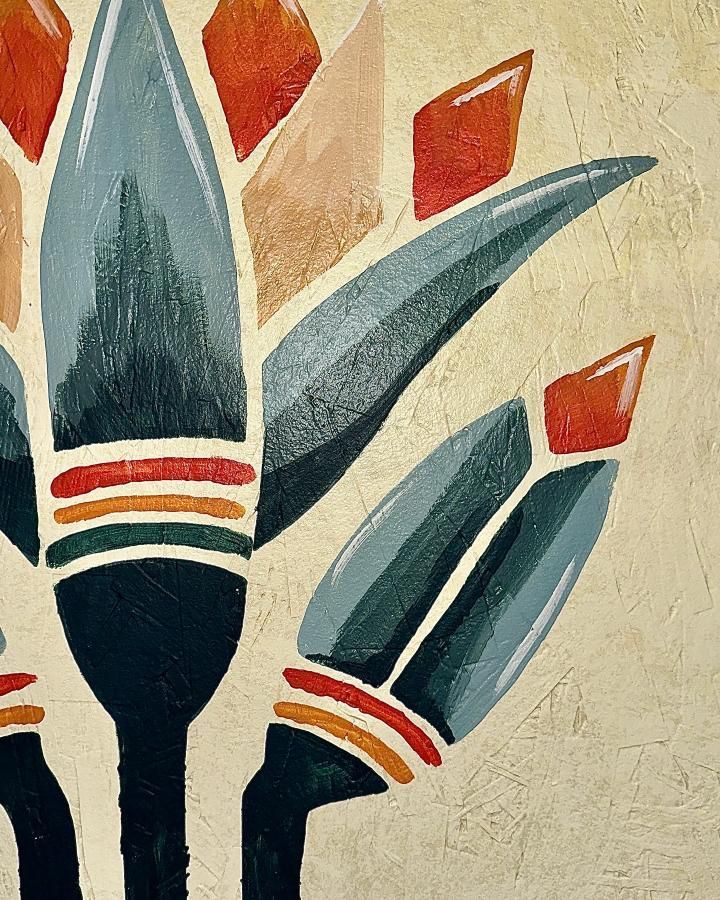 Abstract floral art with teal and orange buds against a cream background.