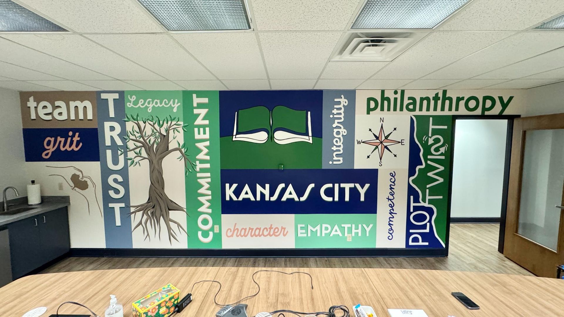 Mural in an office with words like 