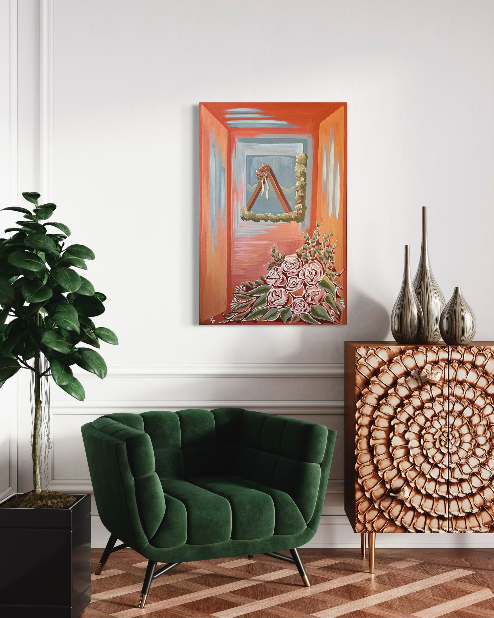 Green velvet chair next to a cabinet with an orange painting on a white wall.
