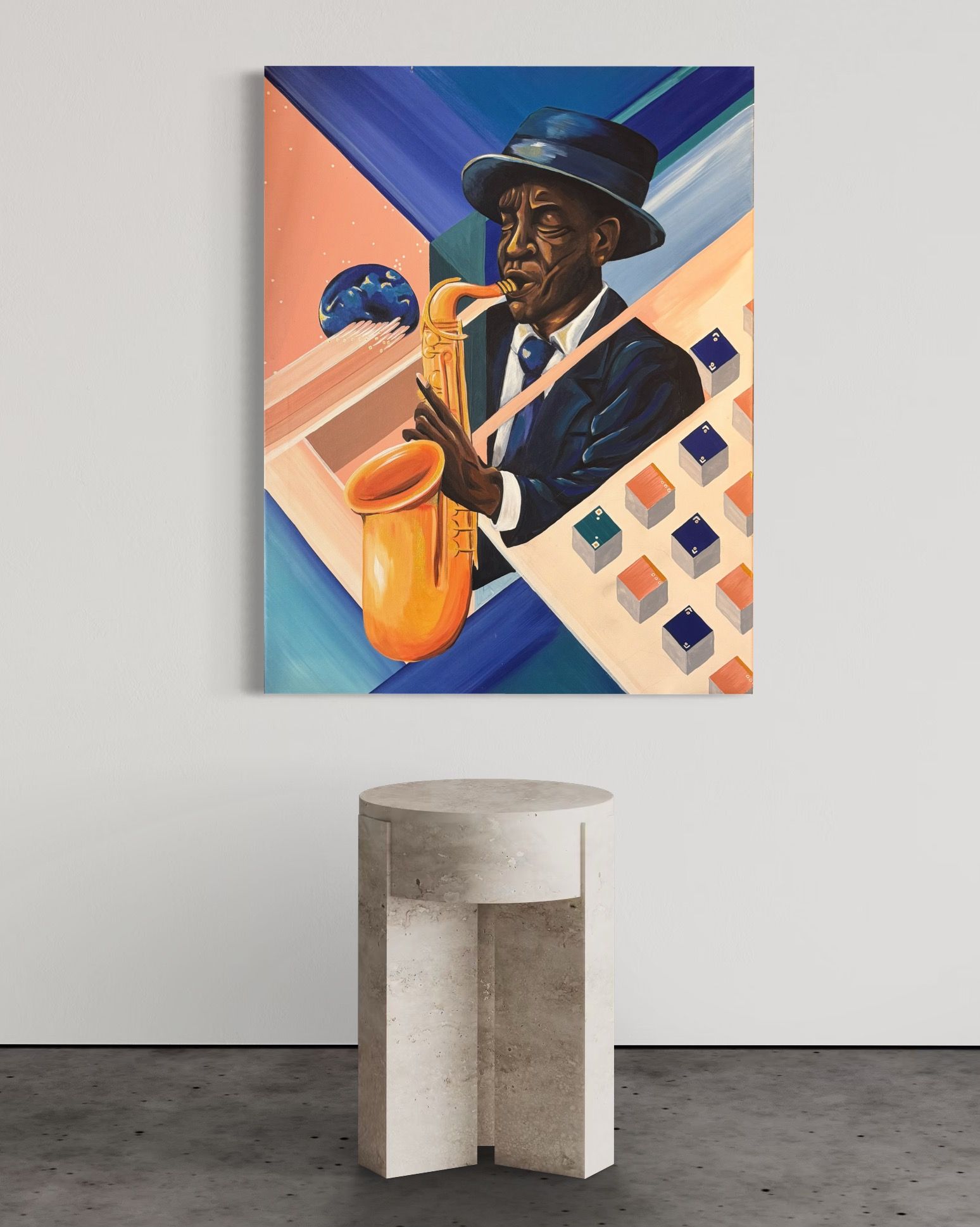 Painting of a Black man in a hat playing a saxophone, with a geometric background, displayed above a white pedestal.