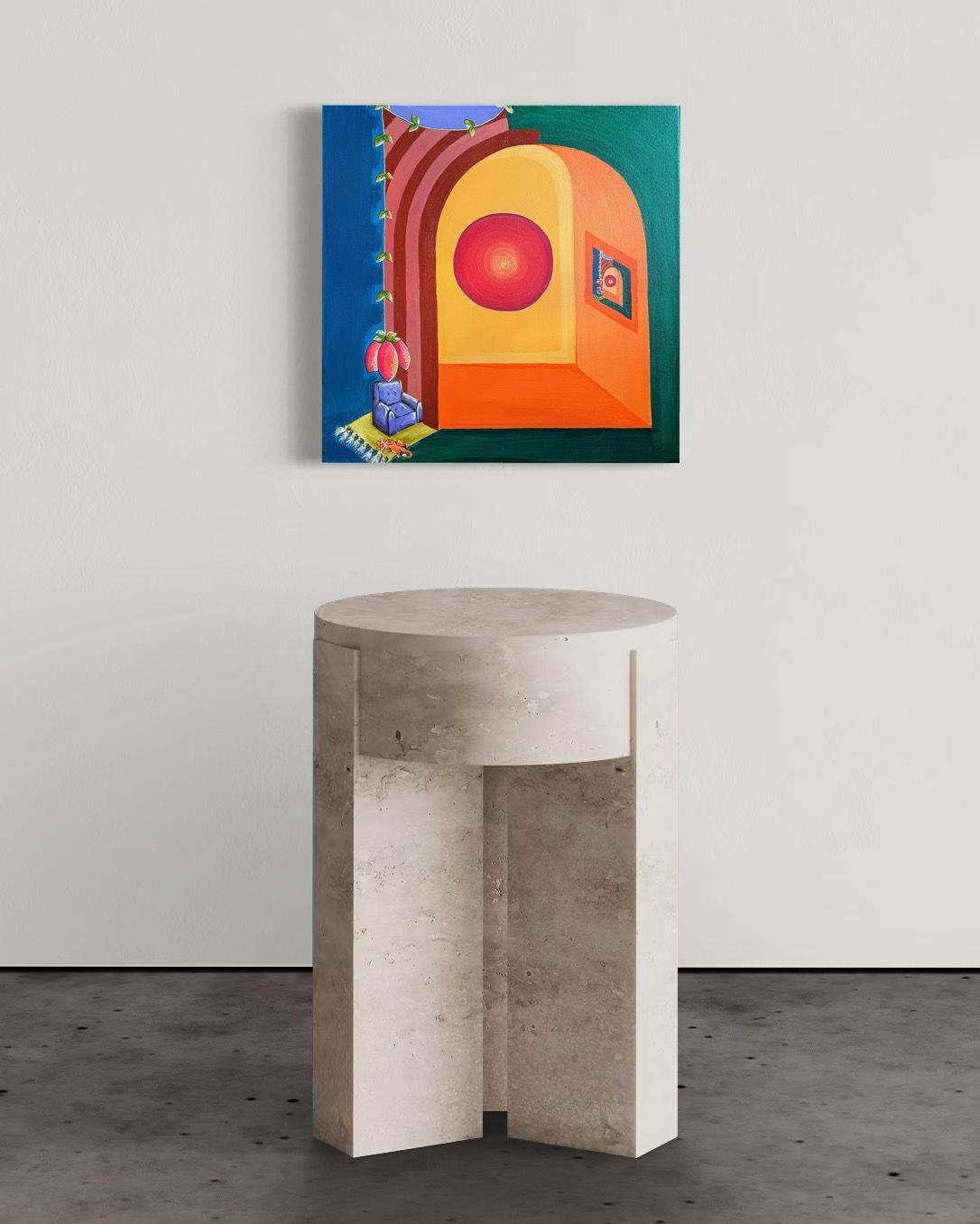 Painting of a colorful archway with a red orb, above a geometric, concrete-like side table.