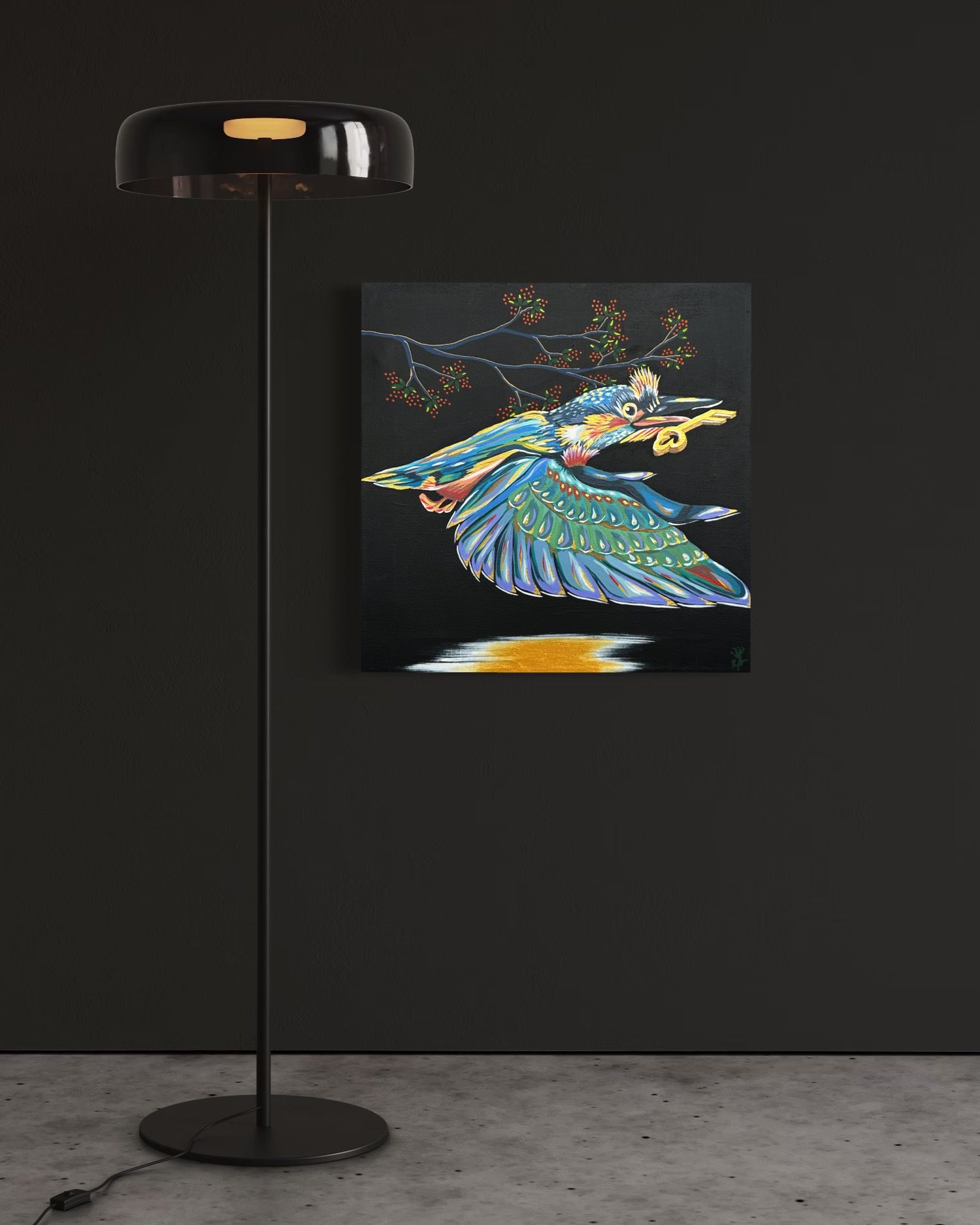 A black floor lamp next to a painting of a bird with blue feathers and gold details on a black wall.