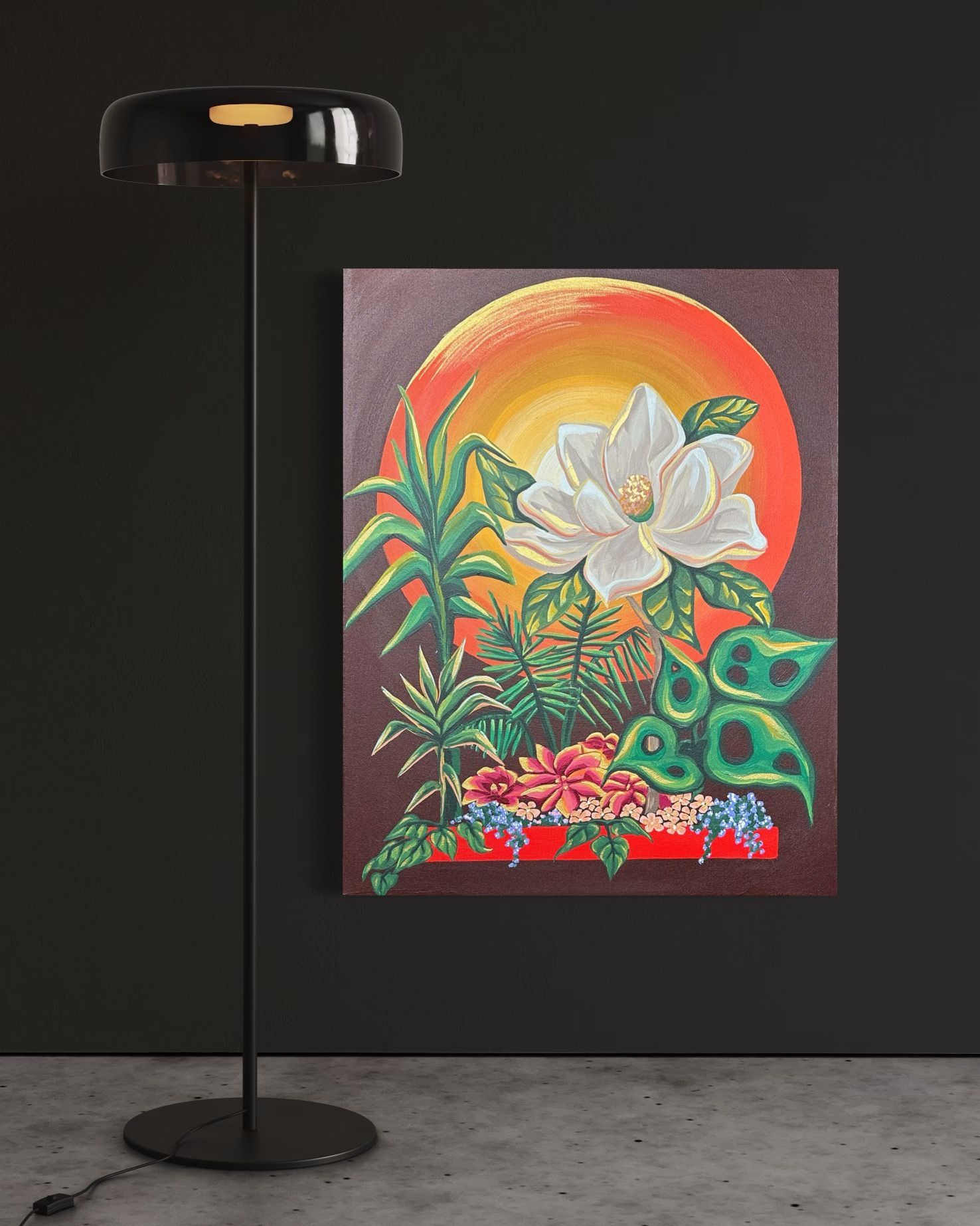 Black floor lamp beside a floral painting featuring a white flower, sun and green plants.