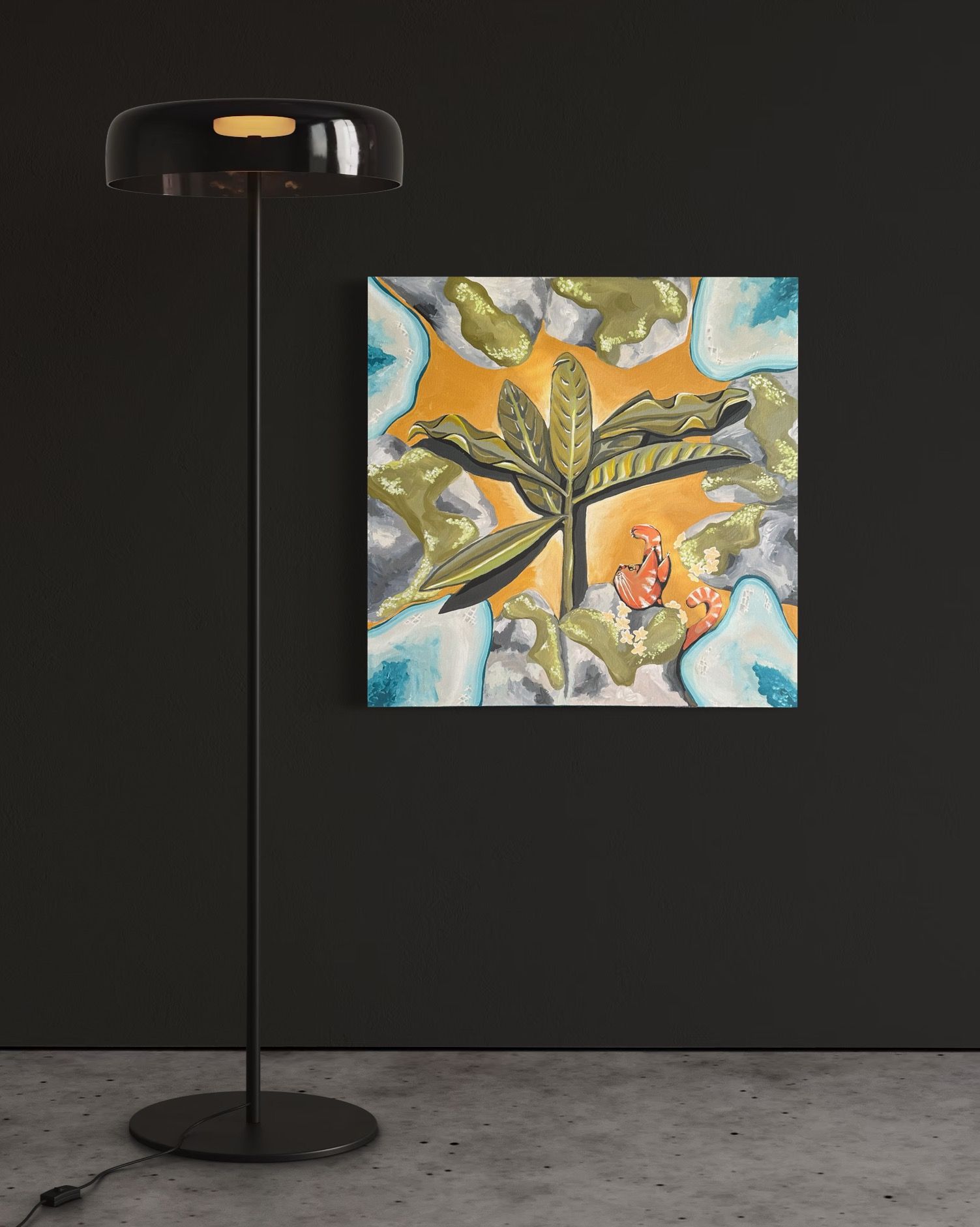 Black floor lamp next to a painting of a plant on a dark wall.