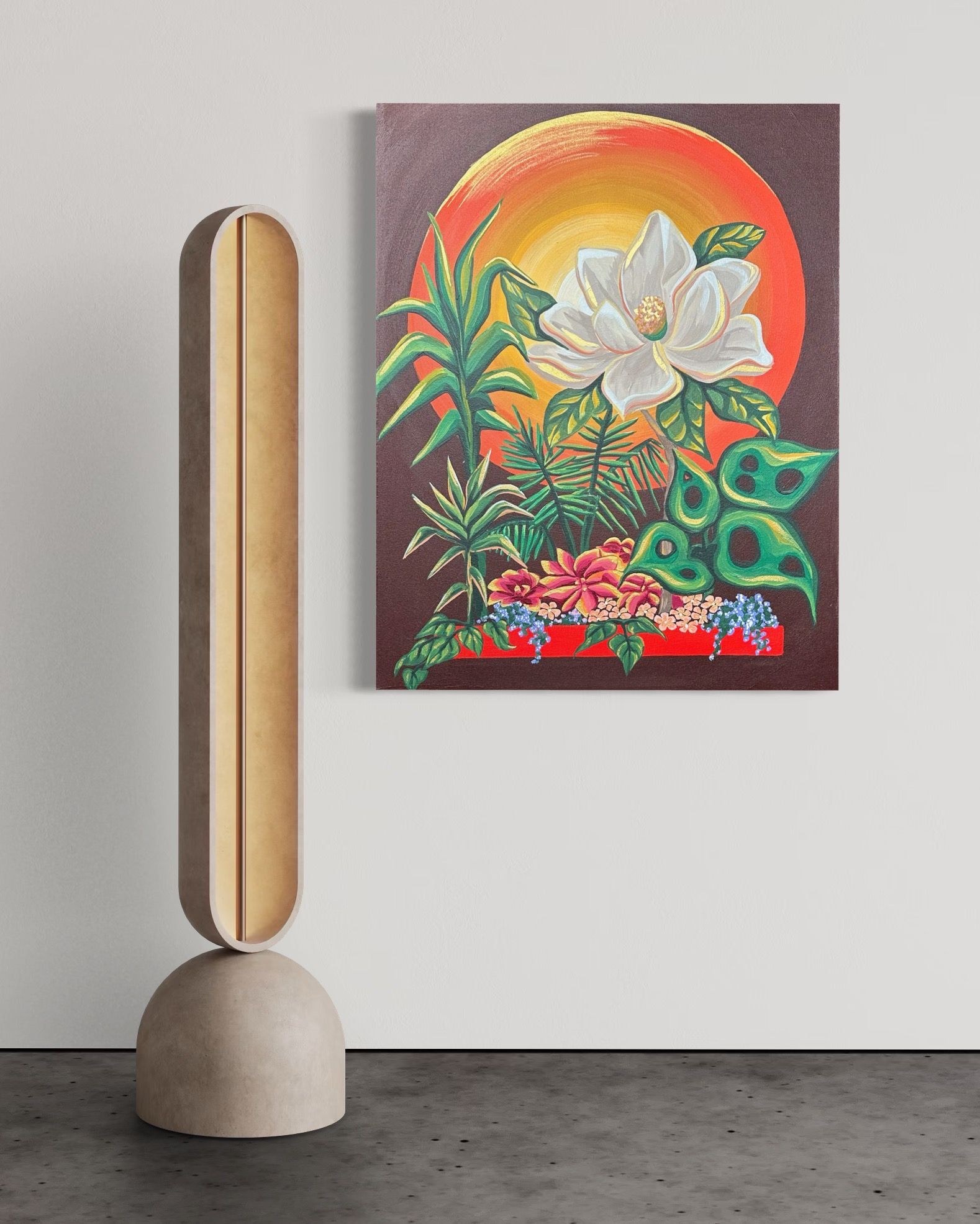 A painting of a flower with a sun background, next to a gold sculpture on a concrete floor.