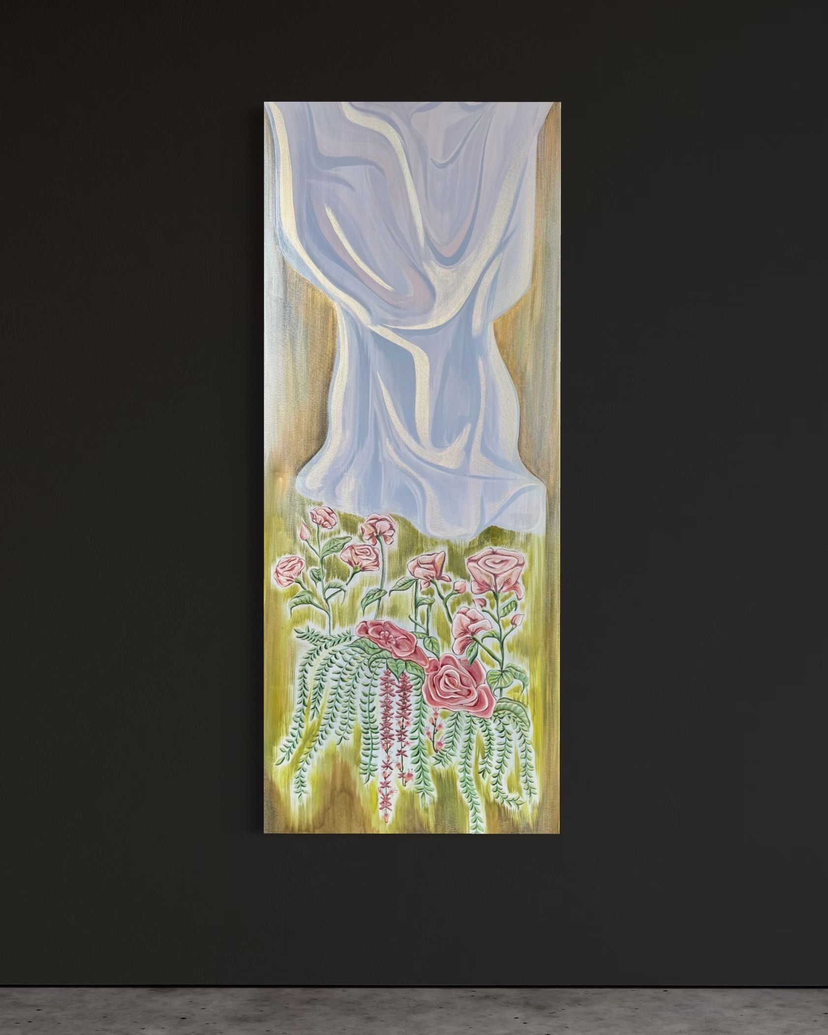 Painting of a blue drape over pink flowers on a yellow-green ground, set against a dark gray wall.