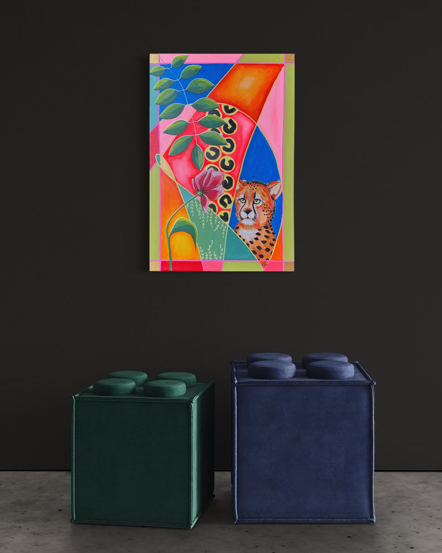 Colorful abstract painting of a cheetah peering out, flanked by two block-shaped seats in green and blue.