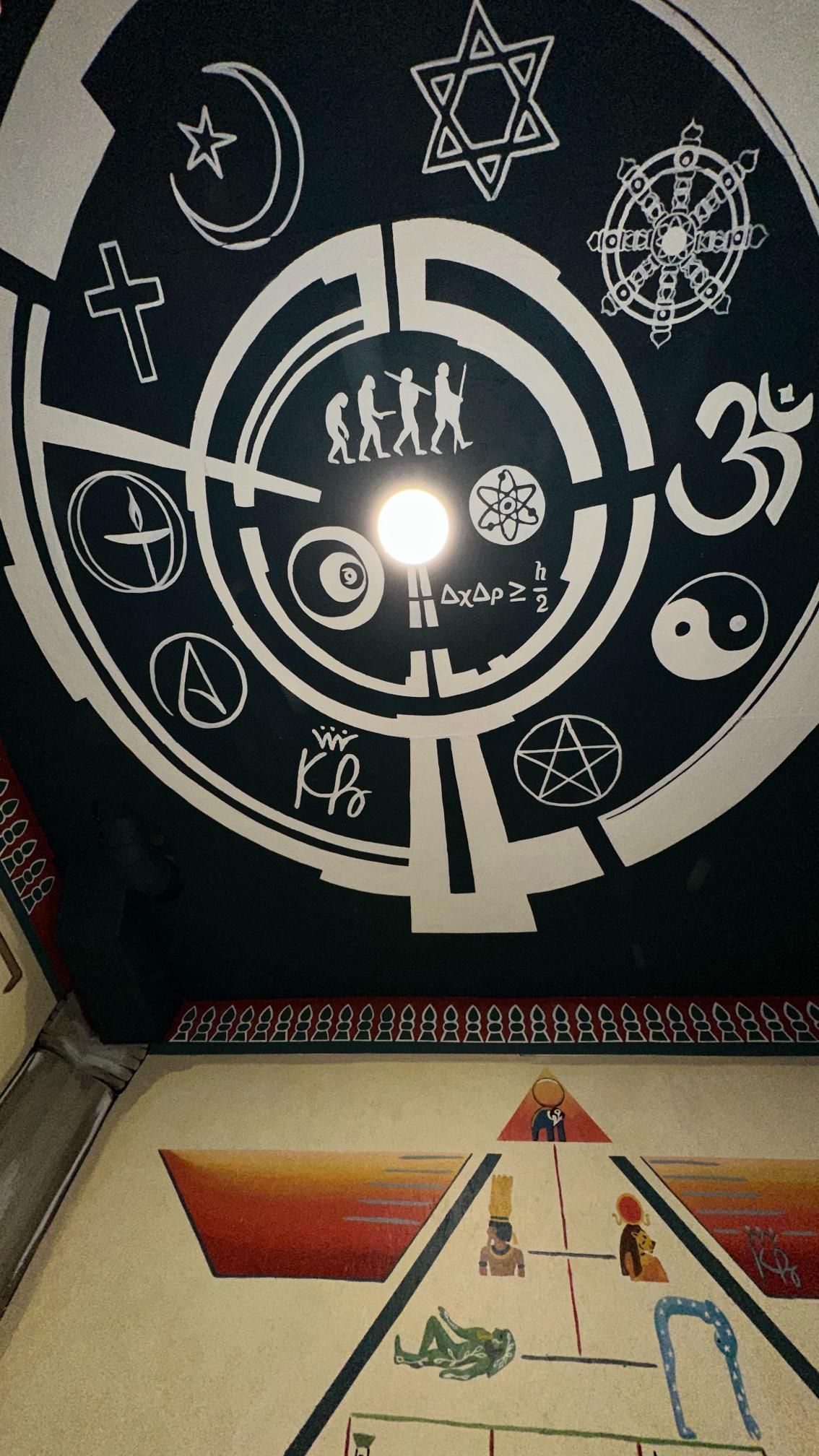 Ceiling with religious symbols including cross, Star of David, and Om. Below is a pyramid diagram.