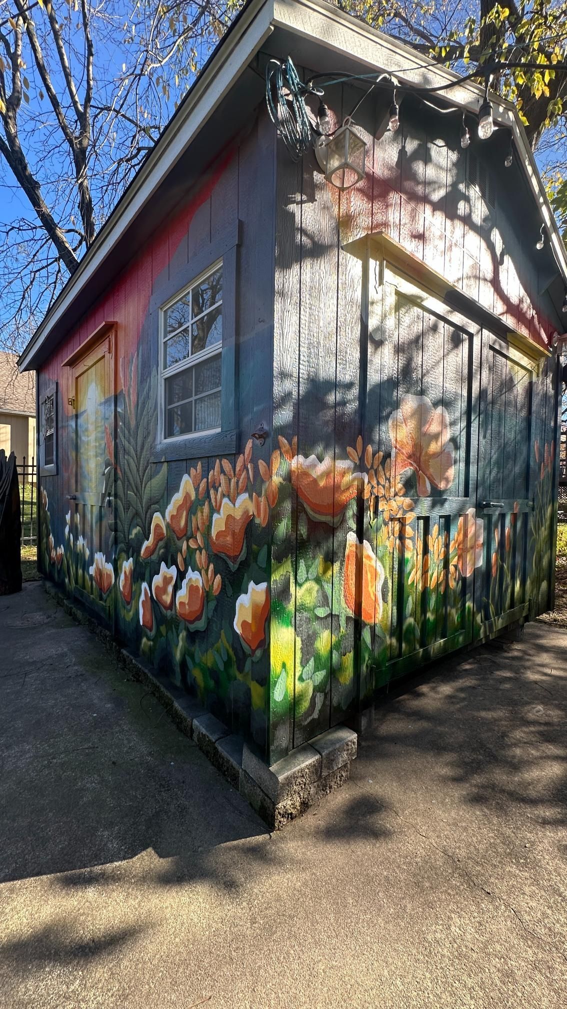 Painted shed with orange flowers, window, and shadow under a blue sky.