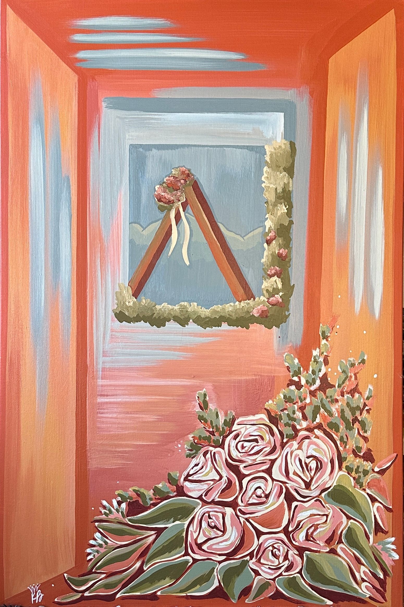 Bouquet of pink roses in a room with an A-shaped framed art, orange walls, and a blue sky in background.
