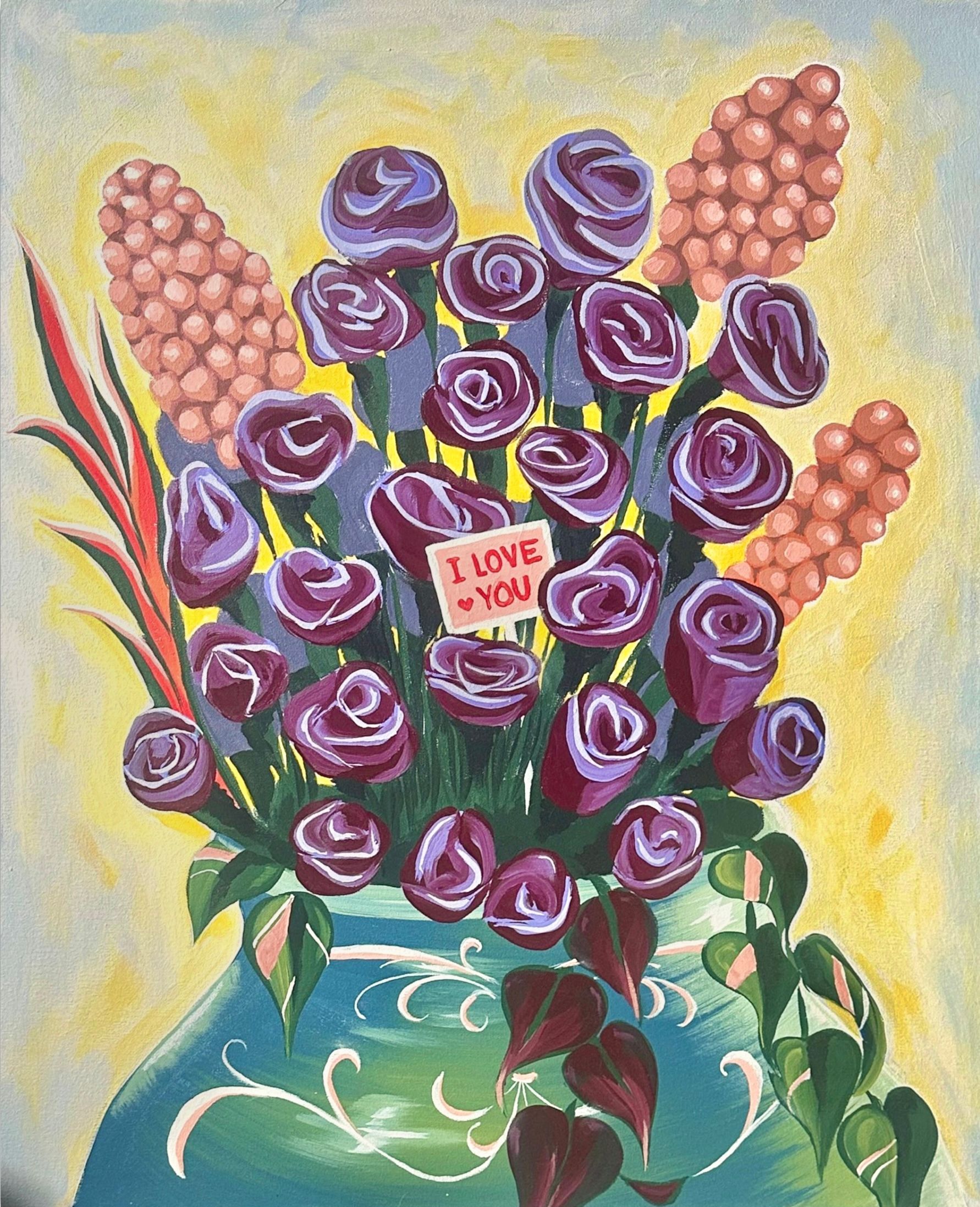 Bouquet of purple roses in a teal vase, 