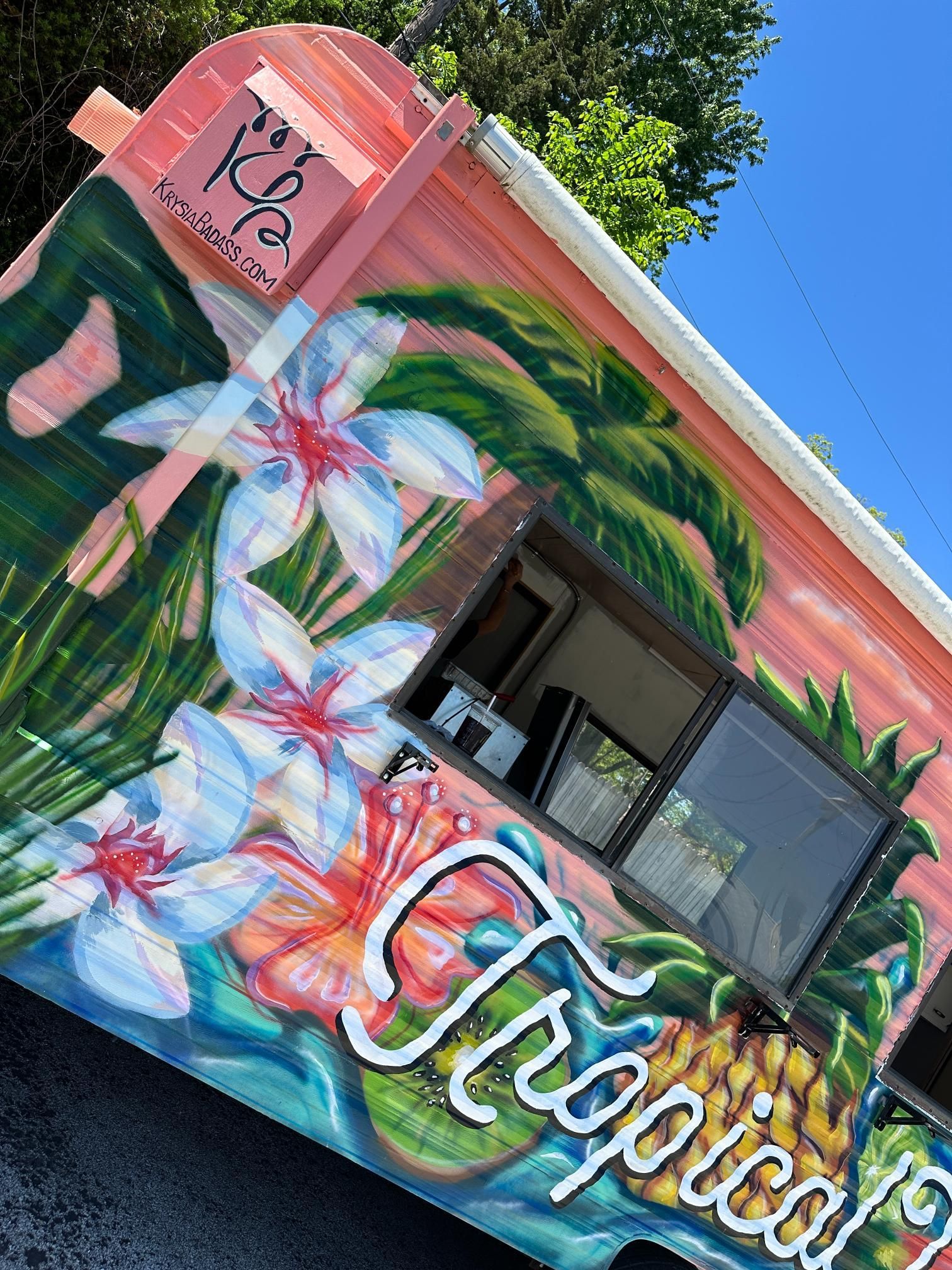 Tropical-themed food truck with floral mural and open service window; sunny day.