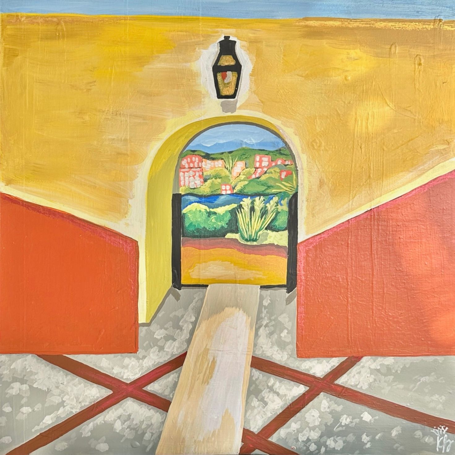 Yellow arched doorway with a view of a landscape. A wooden plank leads out.