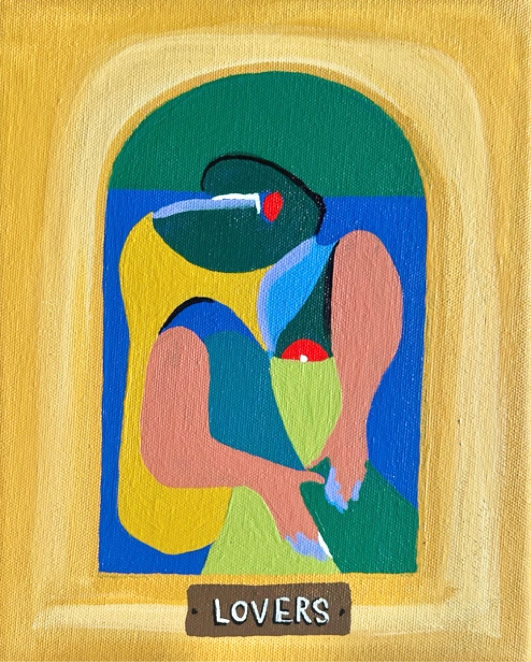 Abstract painting of two figures embracing, set in a blue and green arched window, labeled 