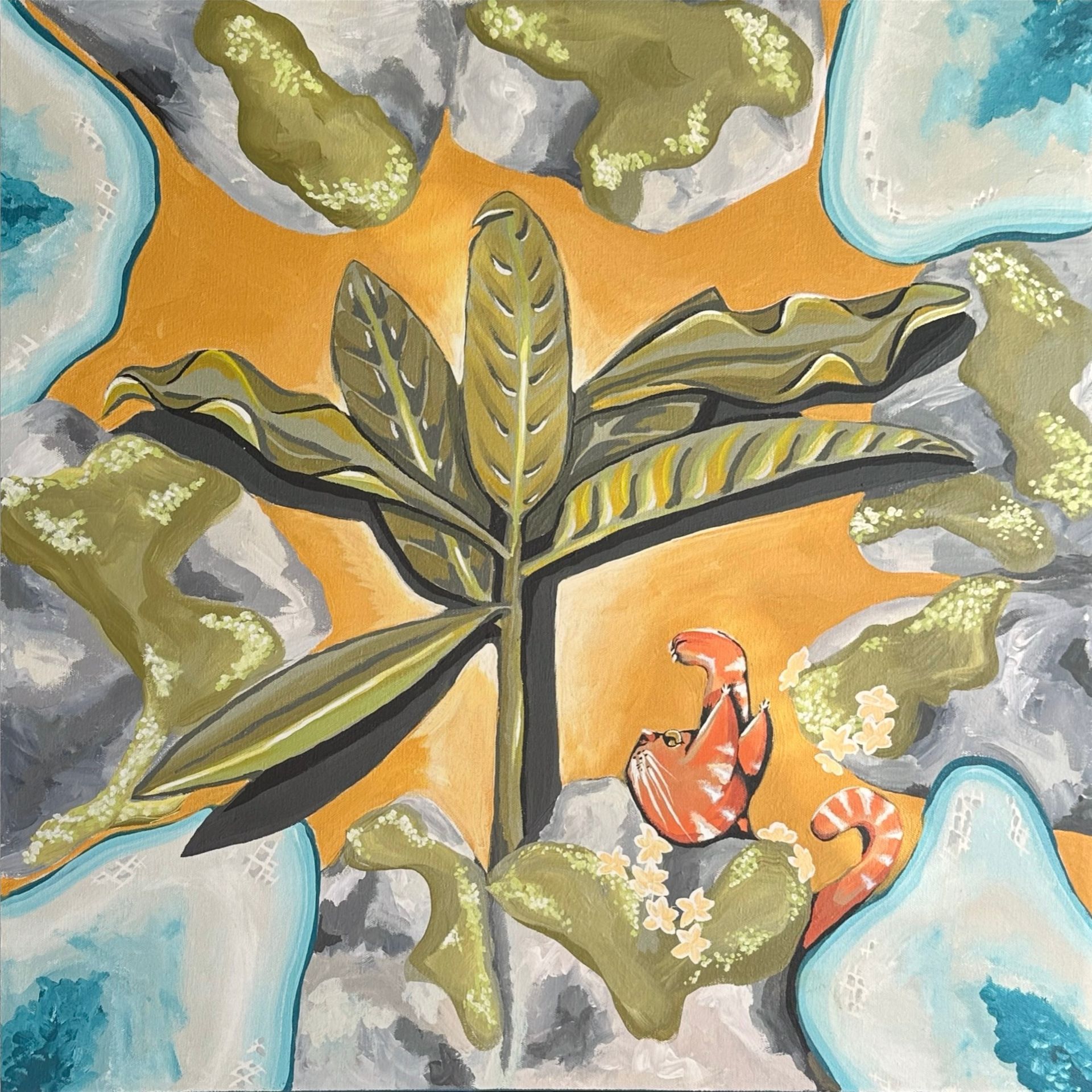 Plant with orange figure among rocks, set against an orange background.