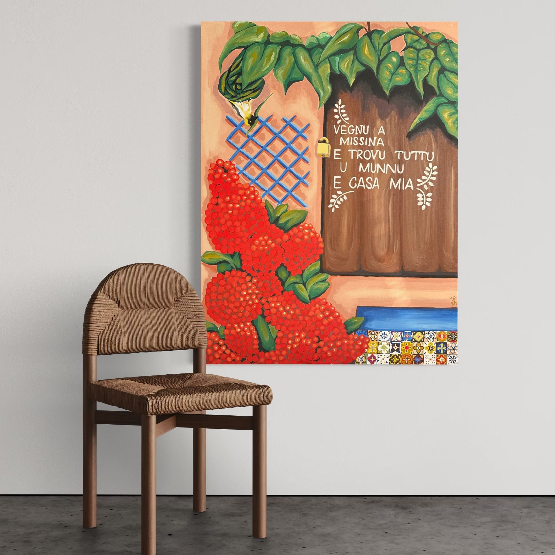 A painting of a window with text on it and red berries, with a wooden chair next to it.