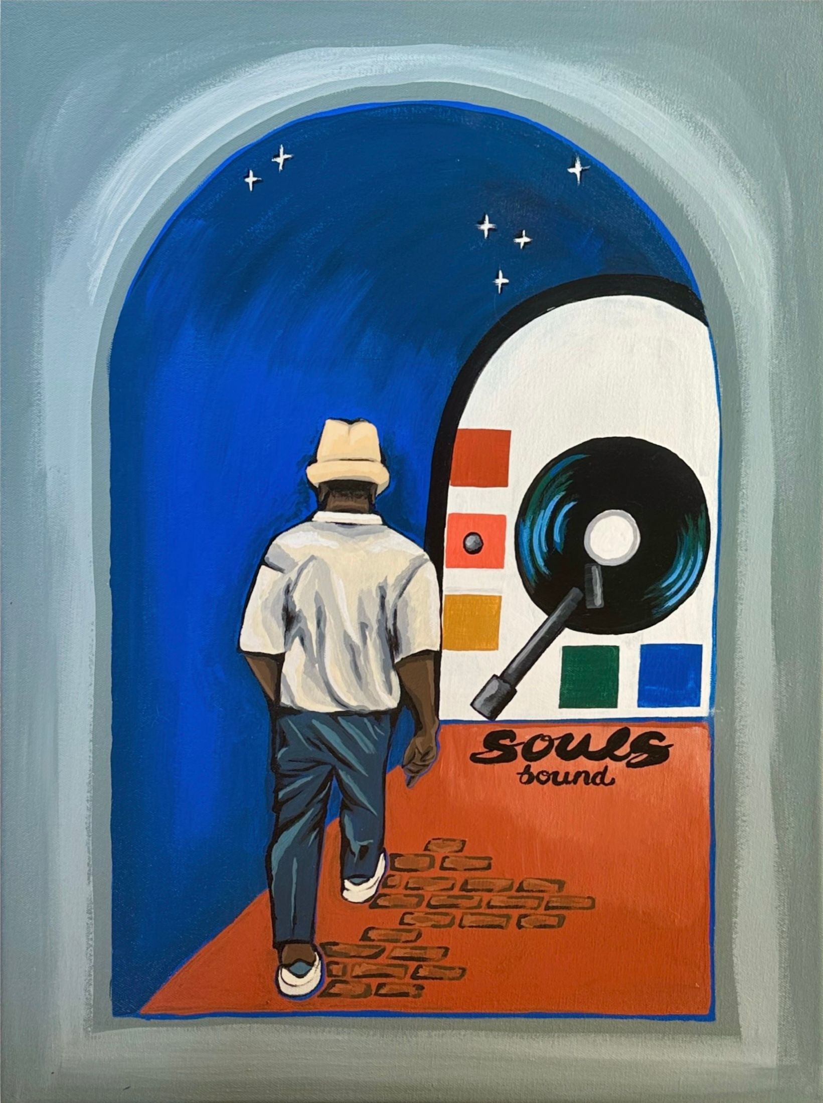 Man in white shirt and hat walks towards a Soul sound record player under a blue archway, with stars in the night sky.