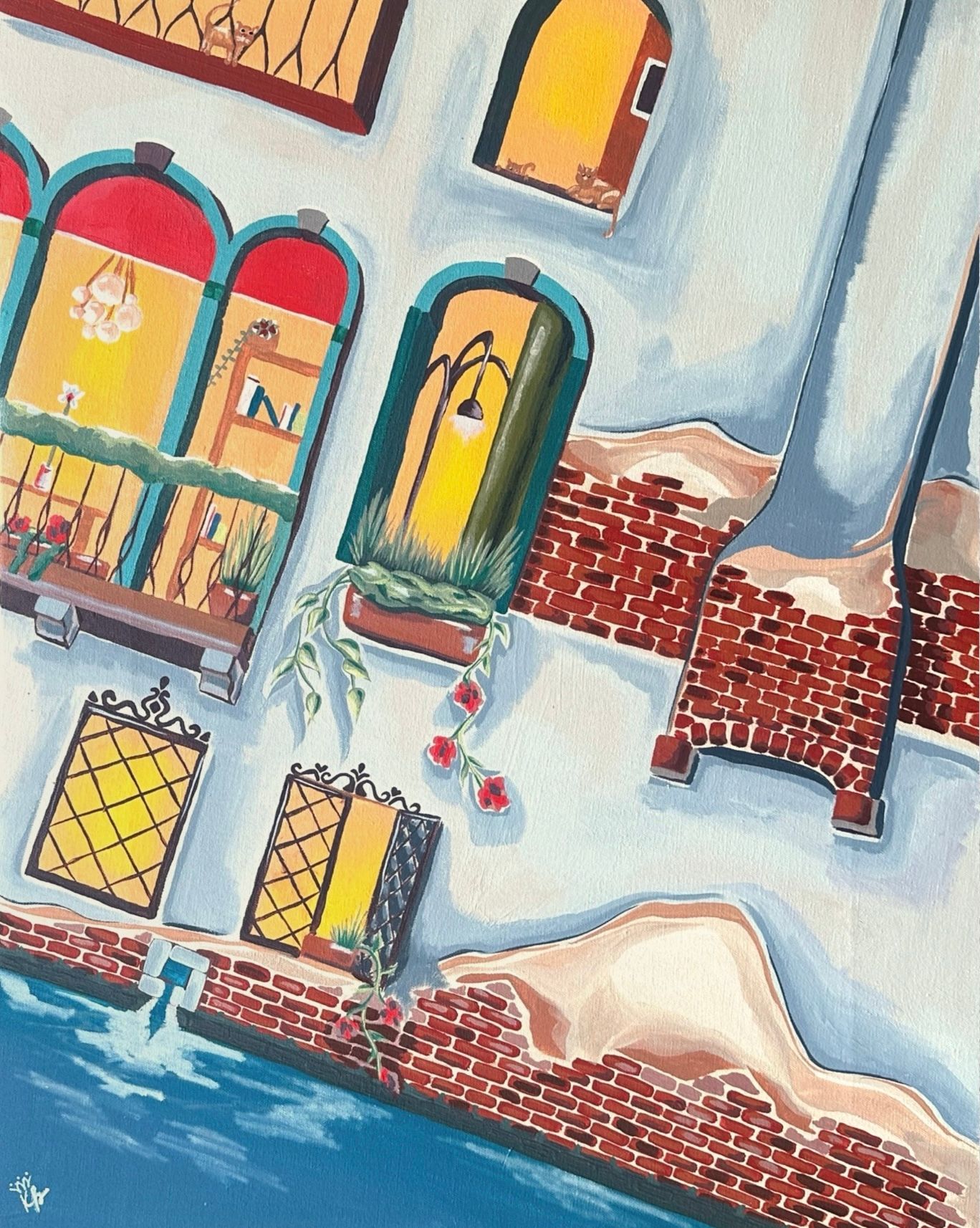 Architectural illustration with brick walls, windows with interior details, and a blue water element.