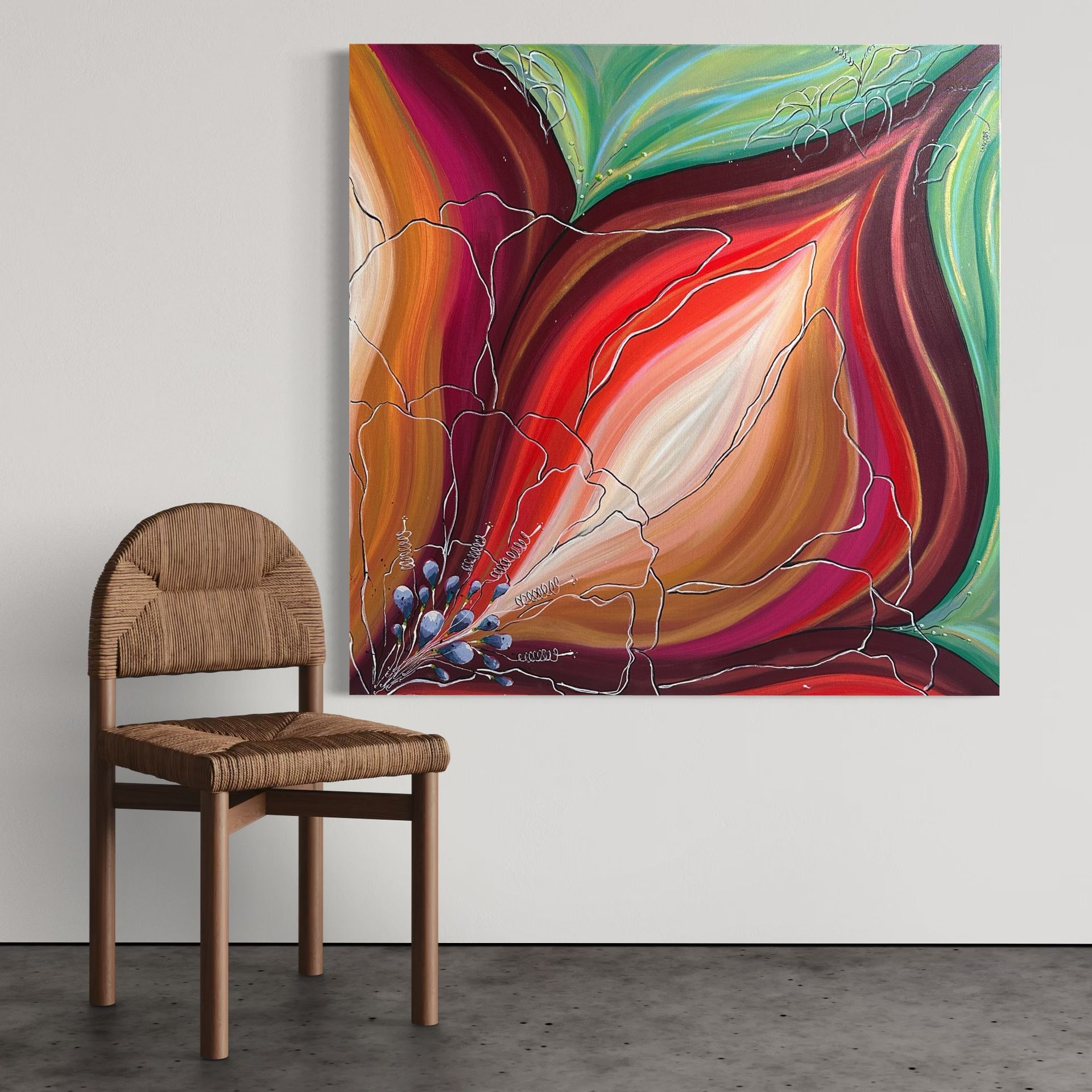 Chair next to a large abstract painting with red, orange, and green hues. Silver lines weave throughout.
